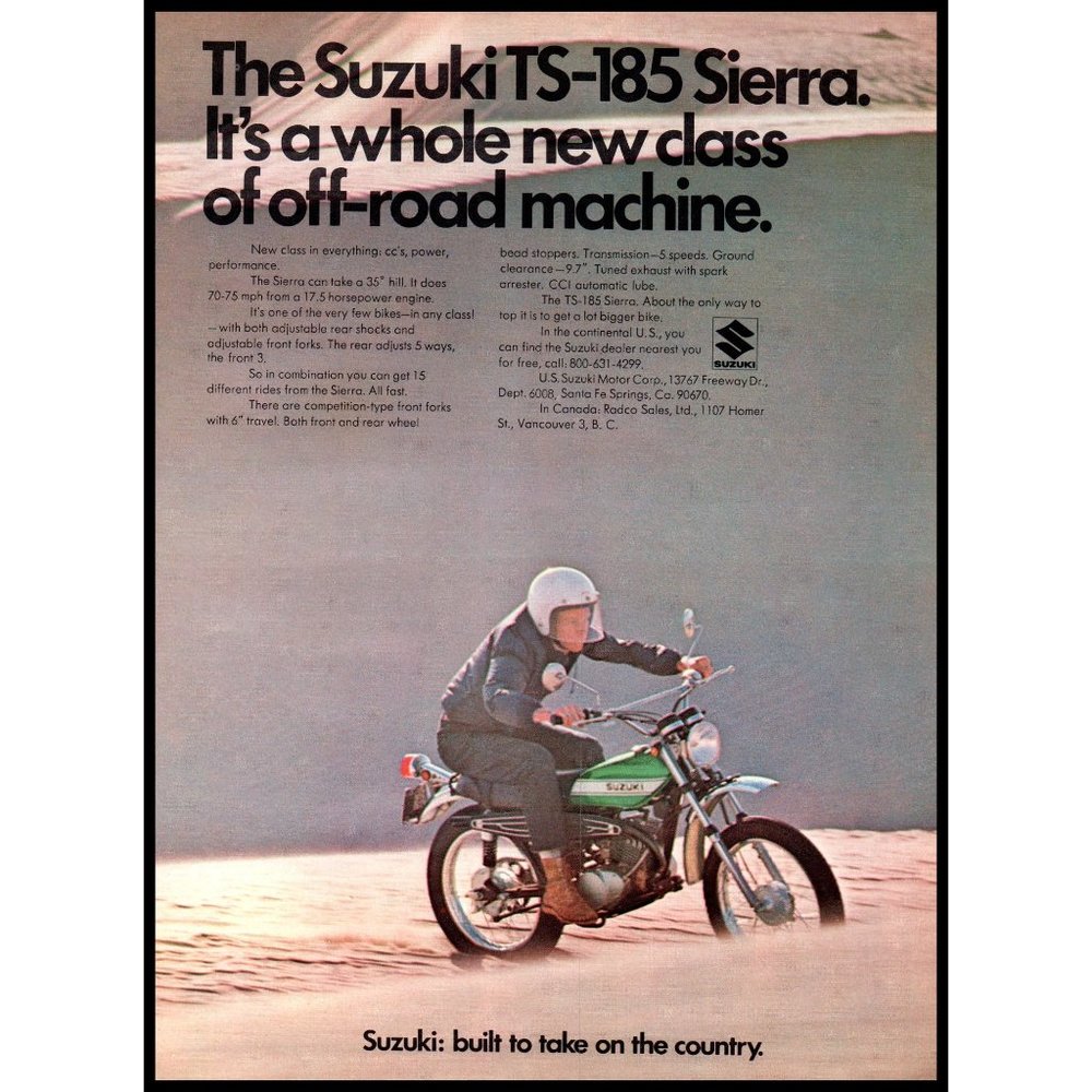 1971 Suzuki TS-185 Sierra Motorcycle Vintage Print Ad Dirt Bike Wall Art Photo